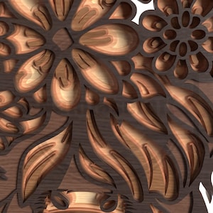 Puede incluir: Primer plano de un panel decorativo de madera con un dise&ntilde;o floral. El panel presenta un efecto de capas con diferentes tonos de marr&oacute;n y beige, creando profundidad y dimensi&oacute;n. La intrincada talla muestra un patr&oacute;n org&aacute;nico detallado.