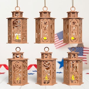 May include: Six brown wooden lanterns with intricate cut-out designs. The lanterns feature patriotic themes, including stars, the US flag, and the text "2020". Each lantern has a loop for hanging and a warm, yellow light inside.