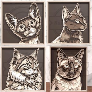May include: Four framed cat portraits in a layered paper art style. Each piece features a different cat breed with detailed fur and facial features. The color palette includes shades of brown, gray, and white, set against a dark background.