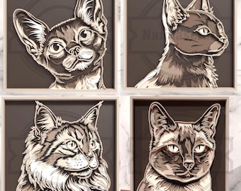 Paquete de imágenes SVG de razas de gatos en capas 3D – Decoración para mascotas cortada con láser (Descarga digital)