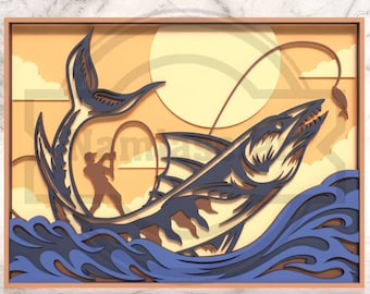 Layered Fishing Scene SVG, Ocean Wall Art, Laser Cut File (Digital Download)