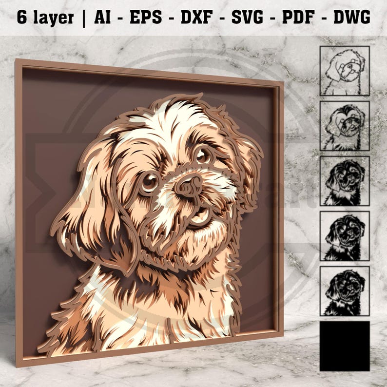 May include: A multi-layered, framed artwork featuring a detailed illustration of a Shih Tzu dog. The dog's fur is rendered in shades of brown and cream, with a smiling expression. The frame is a warm brown color, and the text "6 layer | AI - EPS - DXF - SVG - PDF - DWG" is at the top.