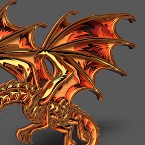 Peut inclure: Sculpture en bois de dragon d&eacute;taill&eacute;e et multicouche avec des motifs complexes d'ailes et de corps. Les ailes pr&eacute;sentent un motif orange et rouge flamboyant, tandis que le corps a une finition brun dor&eacute;. Le dragon est sur fond gris.