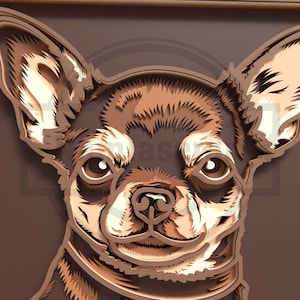 Op de afbeelding: Een gelaagd papierkunstwerk dat het gezicht van een Chihuahua-hond afbeeldt. Het kunstwerk gebruikt bruin- en beigetinten om diepte en dimensie te cre&euml;ren. De ogen, neus en oren van de hond zijn duidelijk gedefinieerd.