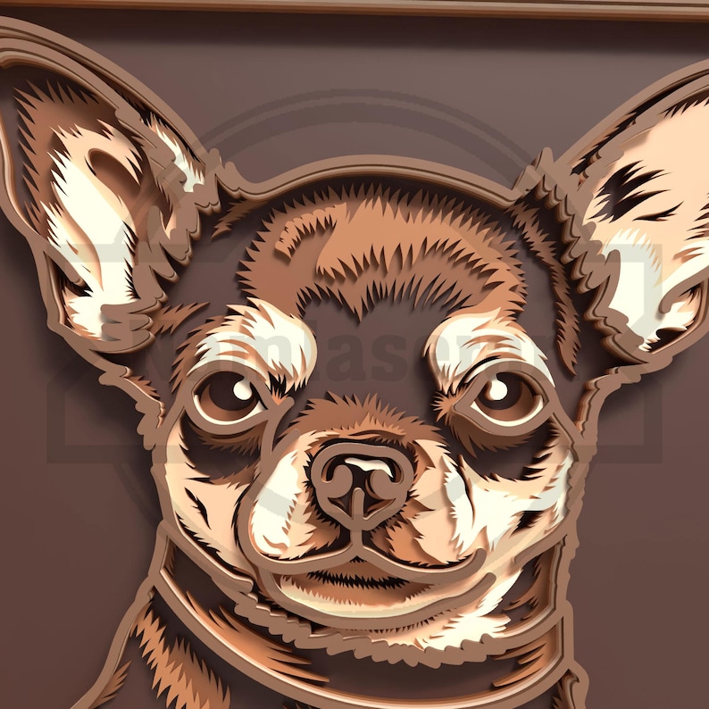 Op de afbeelding: Een gelaagd papierkunstwerk dat het gezicht van een Chihuahua-hond afbeeldt. Het kunstwerk gebruikt bruin- en beigetinten om diepte en dimensie te cre&euml;ren. De ogen, neus en oren van de hond zijn duidelijk gedefinieerd.