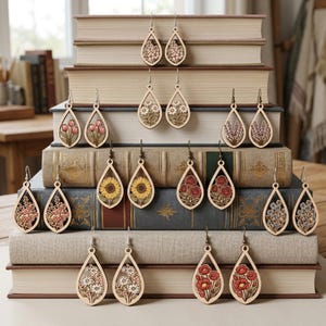 May include: A selection of wooden teardrop earrings, each with a unique floral design. The earrings are presented on a stack of books. Designs include sunflowers, roses, and other flowers in various colours, with silver-coloured ear wires.