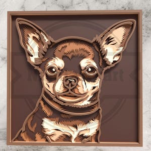 May include: A layered wooden art piece featuring a detailed portrait of a Chihuahua dog. The artwork uses shades of brown and beige to create a 3D effect, with the dog's face and ears prominently displayed within a square frame.