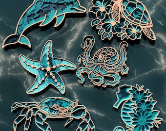 Layered Marine Animals SVG Bundle: Ocean Creatures Laser Cut Files