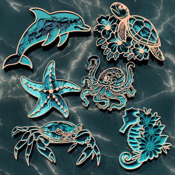Layered Marine Animals SVG Bundle - Ocean Creatures Laser Cut Files - Digital Download