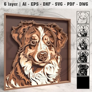 May include: A layered wooden artwork featuring a detailed portrait of a dog, primarily in shades of brown, white, and cream. The dog's face is the focal point, with intricate details. The artwork is framed in a brown border, with text at the top.
