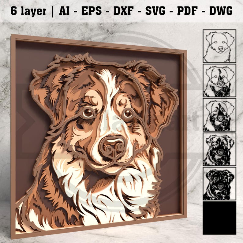 May include: A layered wooden artwork featuring a detailed portrait of a dog, primarily in shades of brown, white, and cream. The dog's face is the focal point, with intricate details. The artwork is framed in a brown border, with text at the top.