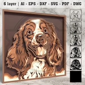 May include: A layered wooden artwork featuring a detailed portrait of a dog, with brown and white fur, and a happy expression. The artwork is framed in a brown border. The top of the image has the text "6 layer".