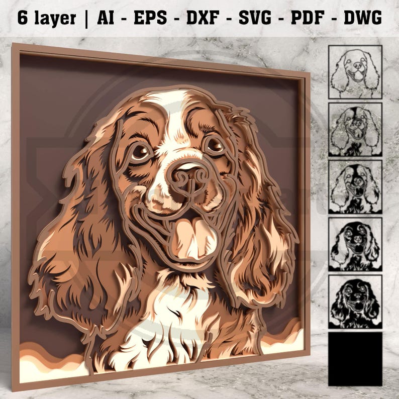 May include: A layered wooden artwork featuring a detailed portrait of a dog, with brown and white fur, and a happy expression. The artwork is framed in a brown border. The top of the image has the text "6 layer".