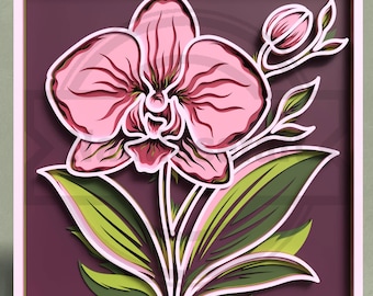 Arte mural de orquídea SVG: Diseño de caja de sombras cortada a láser en capas - Descarga digital