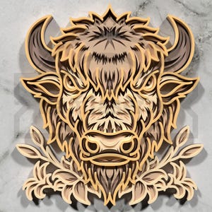 Layered Bison Head Wall Art -  Rustic Farmhouse Decor SVG  - Digital Download