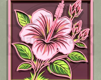 Arte mural de hibisco SVG: diseño de caja de sombras cortada a láser en capas - Descarga digital