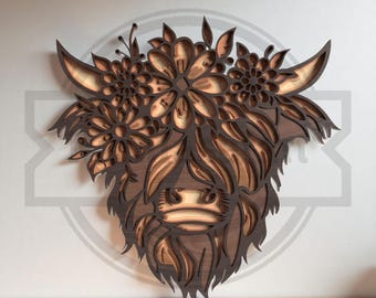 Highland Cow Floral SVG: Layered Laser Cut File for Cricut, Glowforge