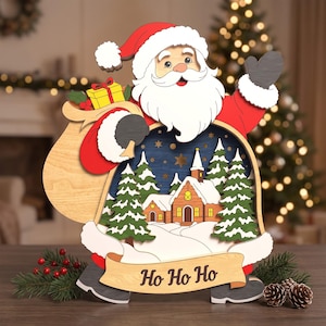 6-Layer Wooden Santa Christmas Tabletop Decor, Winter Village Scene (Digital Download)