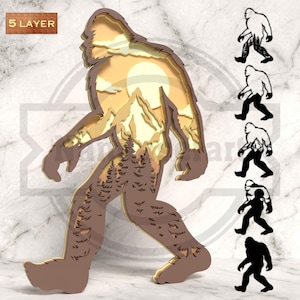 Bigfoot Mountain Sunset Laser Cut File: 5-Layer Sasquatch SVG (Digital Download