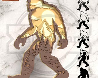 Bigfoot Mountain Sunset Laser Cut File -  5-Layer Sasquatch SVG  - Digital Download