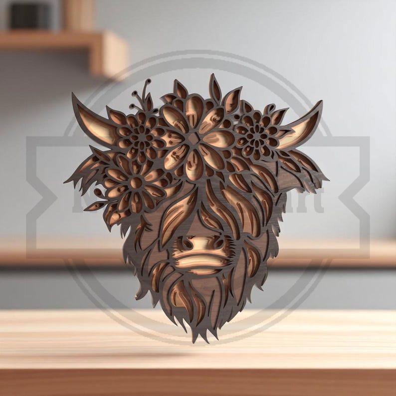 Puede incluir: Arte de pared de madera que representa la cabeza de una vaca de las Tierras Altas adornada con elementos florales. La obra est&aacute; hecha de madera en capas, mostrando un dise&ntilde;o detallado con un acabado marr&oacute;n natural. La vaca tiene grandes cuernos y una cara peluda.