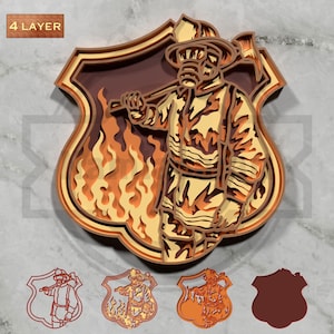 Firefighter 3D Layered Shield SVG ,Fireman Axe Wall Art,Laser Cut Firefighter Gift, 4-Layer Wood Cut File , Laser Cut SVG for Fire Dept Gift