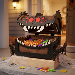 May include: A wooden chest shaped like a monster with a black frame, red eyes, and white teeth. The lid is open, revealing a collection of colourful wrapped sweets and pumpkin-shaped treats inside. The chest features dark wood panels and spiderweb cutouts.
