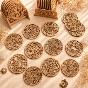 Laser Cut Wooden Coaster Set, Mandala Table Decor, Drink Coasters with Holder (Digital Download)