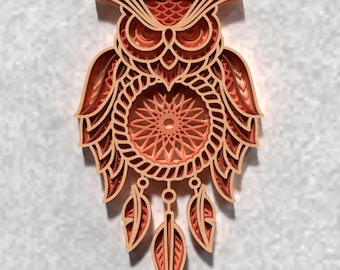 3D Layered Owl Dreamcatcher SVG -  Mandala Laser Cut File  - Digital Download
