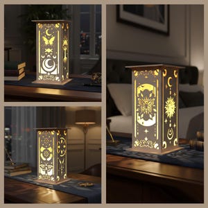May include: A rectangular wooden lamp with intricate cut-out designs. The lamp features celestial and nature-inspired motifs, including moons, stars, butterflies, and suns. The lamp emits a warm, inviting glow, creating a cozy ambiance. The lamp is placed on a dark surface.