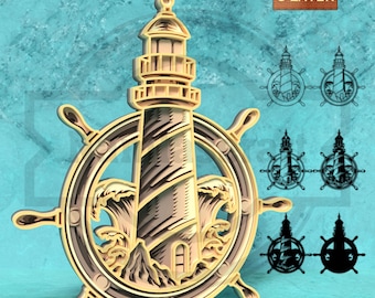 May include: A layered wooden nautical-themed artwork featuring a lighthouse, ship's wheel, and waves. The lighthouse is centered within the wheel, with waves at the base. The text "6 LAYER" is in the upper right corner. The artwork is in shades of brown and beige.