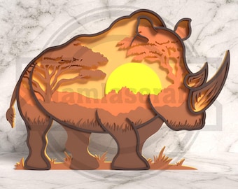 Rhino SVG – Layered African Wildlife Sunset Laser Cut Design  - Digital Download