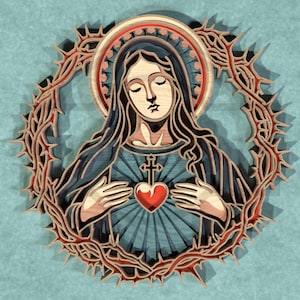 Onbevlekt hart van Maria SVG, katholieke Maagd Maria met doornenkroon, meerlaags lasergesneden bestand voor Glowforge en Cricut