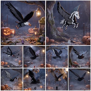 May include: A collection of hanging mobile ornaments featuring various creatures including a bald eagle, a skeleton horse, a butterfly, a crow, a bat, and a swan, each suspended with a small themed charm hanging below the main figure.