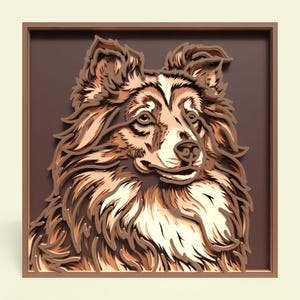 May include: A layered wooden art piece featuring a dog's head, showcasing intricate details. The artwork uses shades of brown and cream, creating a three-dimensional effect. The dog's fur is meticulously crafted, and the piece is framed in a dark brown border.