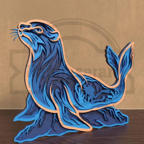 León marino en capas SVG - Archivo de corte láser de animal marino 3D - Descarga digital