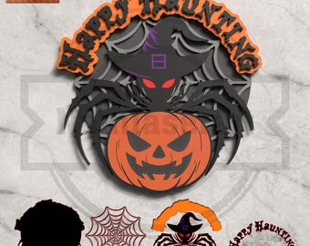 Happy Haunting Halloween SVG -  Spider, Pumpkin, Witch Hat Layered Cut File