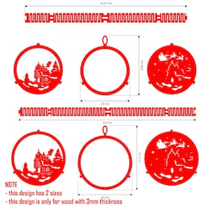 以下が含まれることがあります： 赤色のレーザーカット木製クリスマスオーナメントと装飾ストリップ。オーナメントは冬のシーンと円形のフレームが特徴です。ストリップの長さは25.91cmと30.6cmです。デザインは2つのサイズがあり、厚さ3mmの木材用です。