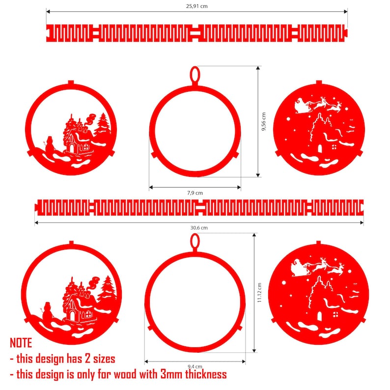 以下が含まれることがあります： 赤色のレーザーカット木製クリスマスオーナメントと装飾ストリップ。オーナメントは冬のシーンと円形のフレームが特徴です。ストリップの長さは25.91cmと30.6cmです。デザインは2つのサイズがあり、厚さ3mmの木材用です。