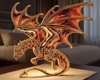 Arte mural SVG de dragón multicapa, archivo de corte láser 3D de fantasía (descarga digital)