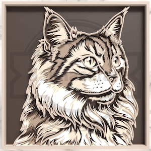 May include: A layered wooden art piece featuring a detailed portrait of a cat's face. The artwork showcases the cat's fur in shades of white, gray, and brown, with a focused gaze. The piece is set within a light-colored wooden frame, creating a 3D effect.