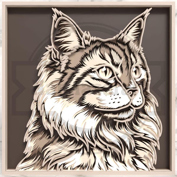Maine Coon Cat SVG, Layered Laser Cut File, Rustic Pet Portrait (Digital Download)