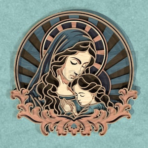Moeder Maria en kind SVG, Katholiek lasergesneden meerlaags ontwerp, Marian religieuze muurkunst voor Glowforge en Cricut