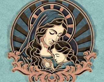 Puede incluir: Una obra de arte de madera en capas que representa una escena religiosa. La imagen presenta a una mujer y un niño con los ojos cerrados, rodeados por un halo y adornos florales. La paleta de colores incluye tonos de azul, marrón y rosa.