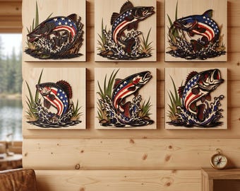 Patriotic Fishing SVG Bundle, Bass Catfish Walleye Art, American Flag Lake House Decor (Digital Download)