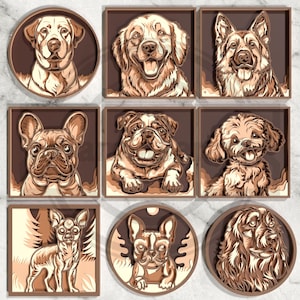 May include: Nine dog portraits in a layered paper art style. The dogs are depicted in various breeds and poses, with a warm brown and beige color palette. Each portrait is framed, some square and some round.