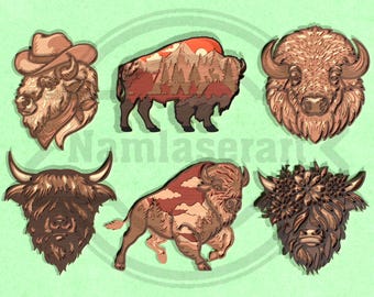 Buffalo Layered SVG Bundle -  Western Bison Laser Cut Files  - Digital Download
