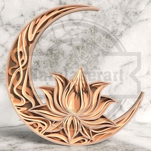 Puede incluir: Una pieza de arte mural de madera en capas con un diseño de media luna y una flor de loto en el centro. La obra de arte está hecha de madera de color marrón claro y tiene intrincados detalles recortados. El tema general es espiritual y decorativo.