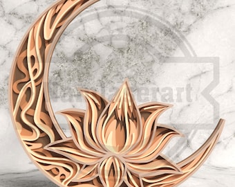 May include: A layered wooden wall art piece featuring a crescent moon design with a lotus flower in the center. The artwork is made of light brown wood and has intricate cut-out details. The overall theme is spiritual and decorative.