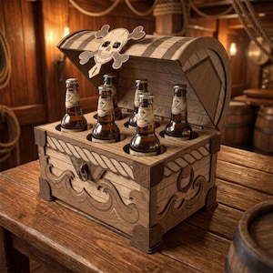 Piratenschatkist bierdrager lasergesneden bestand, houten flessenhouder (digitale download)